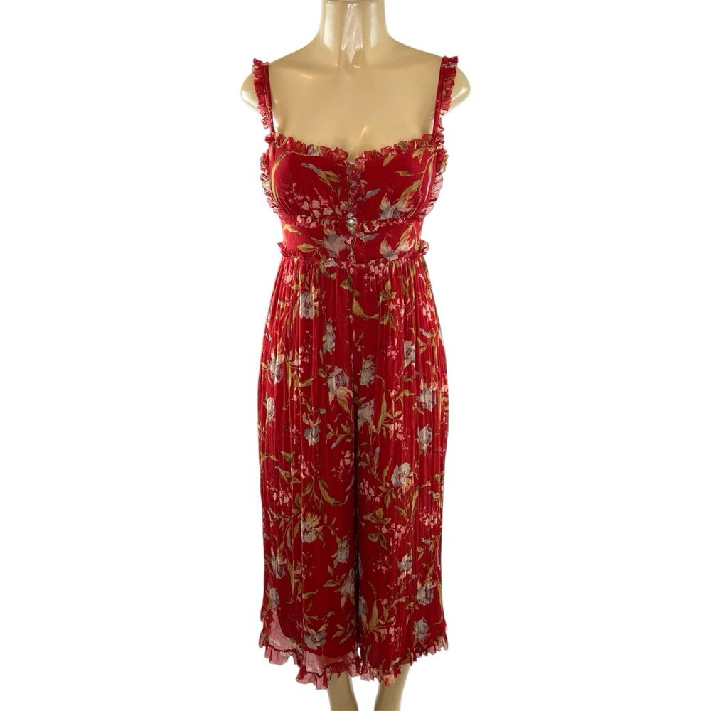 Zimmermann Jumpsuit Corsair Iris Size 6 Red Floral Silk Ruffle Wide Leg Midi